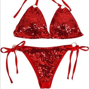 Red sequin triangle bikini set size S